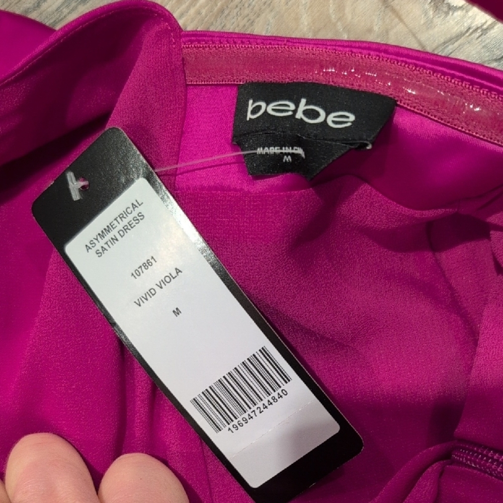 bebe One-Shoulder Satin Mini Dress in Fuchsia - Picture 2 of 7